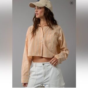 American Eagle Outfitters Light Orange Striped Cropped Button Up Shirt